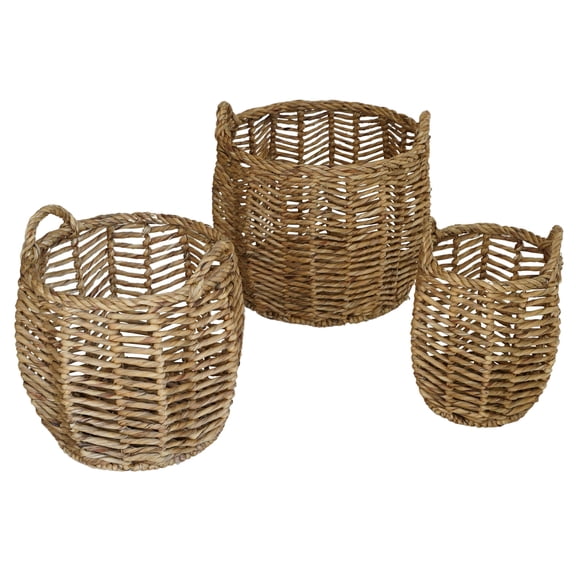 Round Woven Water Hyacinth Baskets with PU Leather Accent on Cutout Handles 3 Piece Set