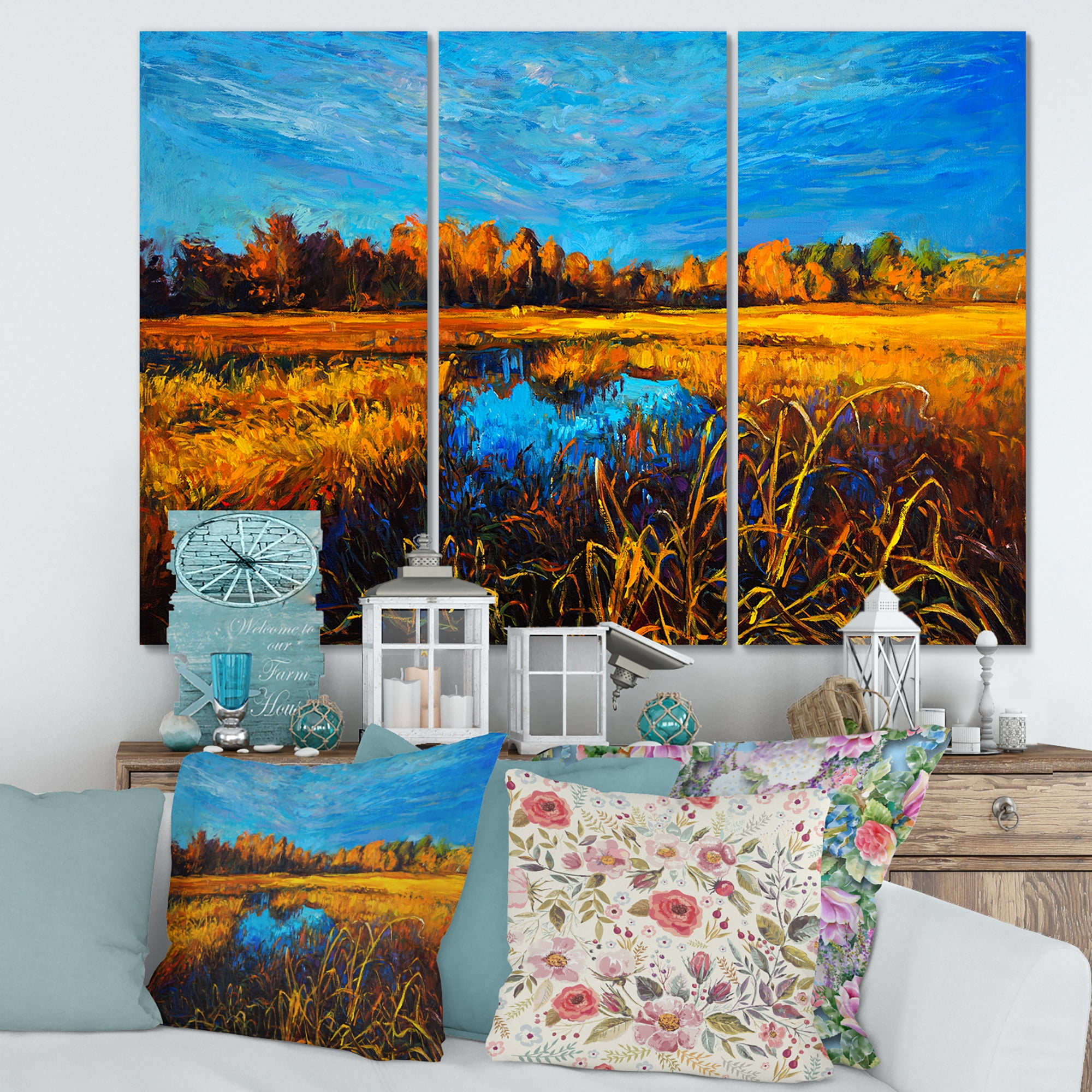 Designart ' A Light Blue Sky Over Orange Meadows ' Traditional Canvas Wall Art Print