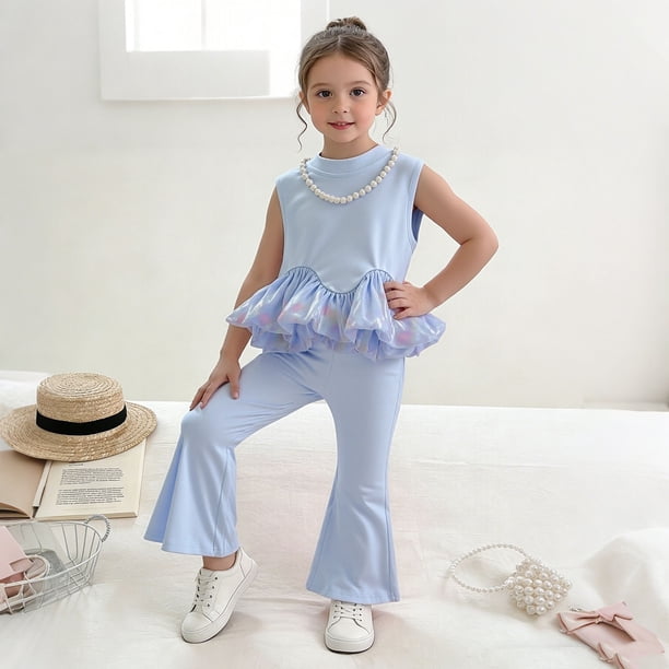 Conjuntos de camiseta sin mangas con cuello redondo para niña, conjunto de camiseta sin mangas con empalme, edición de estilo, pantalones elásticos de moda, conjunto de dos piezas de moda para niñas p