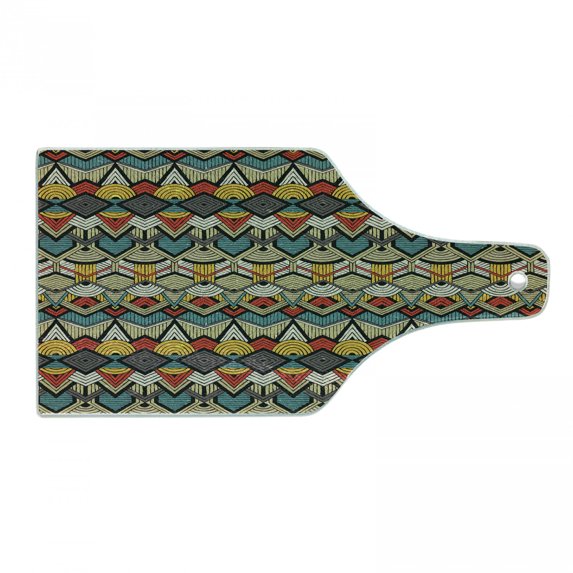 African Cutting Board, Chevron Zigzags and Half Circles Folkloric Elements Sharp Canonical Motifs, Decorative Tempered Glass Cutting and Serving Board, Wine Bottle Shape, Multicolor, by Ambesonne