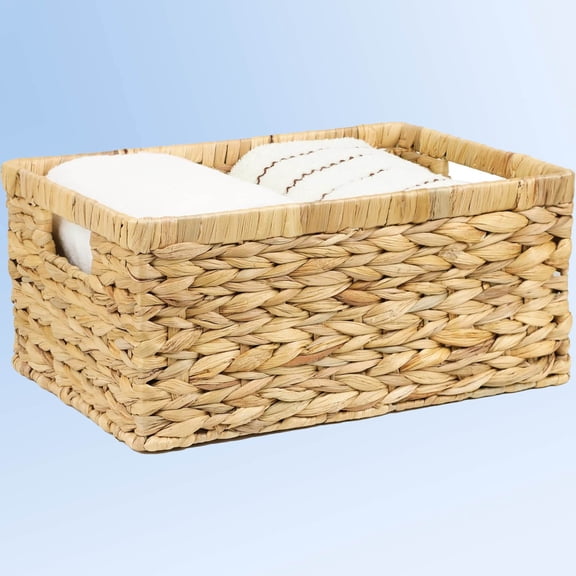 Wicker Basket, Water Hyacinth Baskets for Organizing, Rectangular Wicker Storage Basket for Shelves, Decorative Storage Bin with Built-in Handles