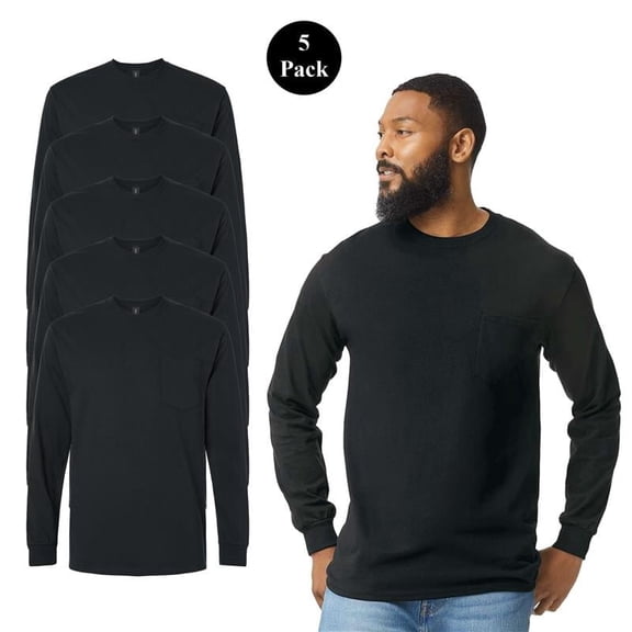Gildan Pocket T-Shirt for Men, Classic 100% Cotton Long Sleeve Crewneck Black 5 Pack Tee, 2XL