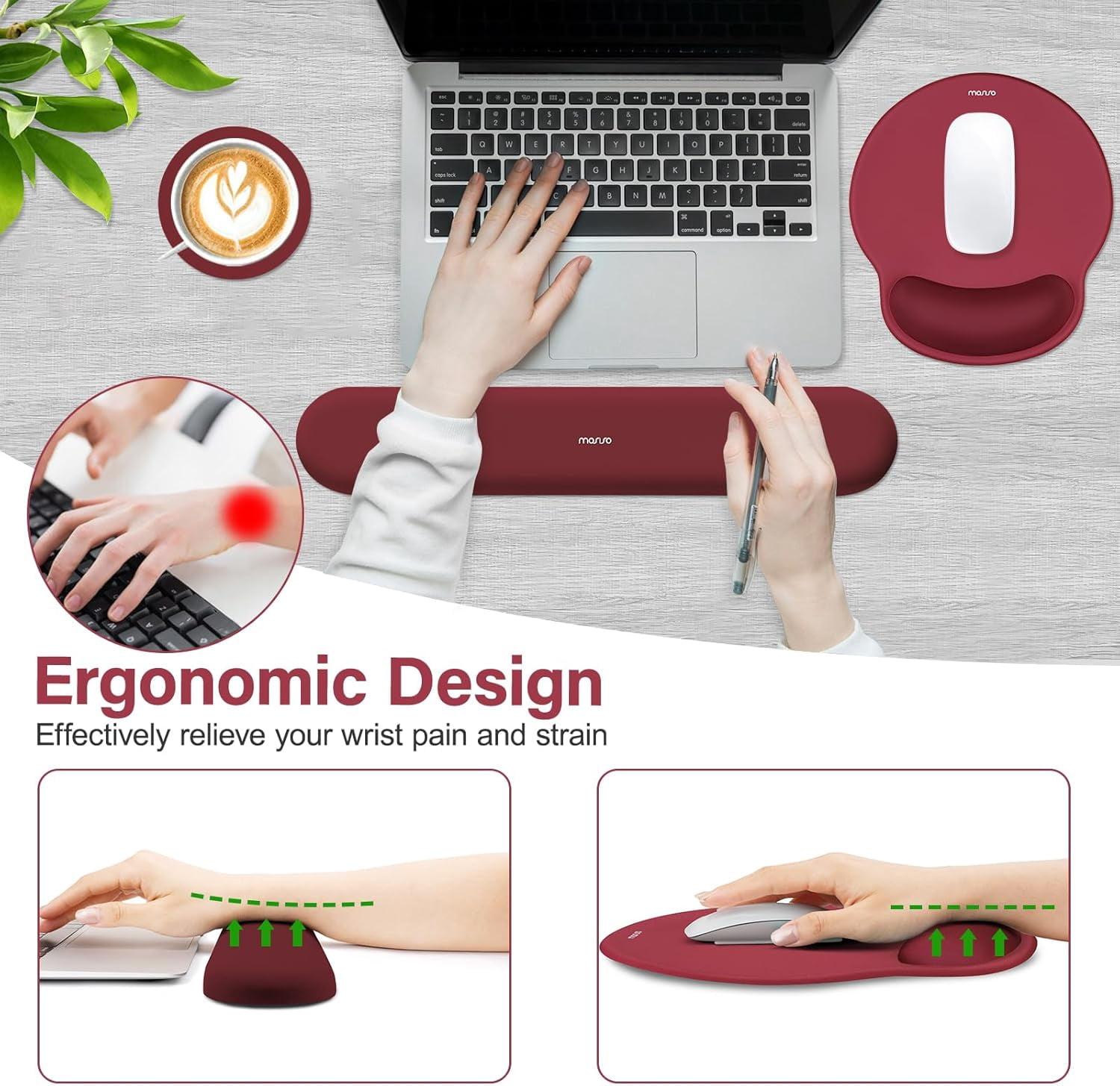 MOSISO Ergonomic Keyboard Wrist Rest & Mouse Pad Set, Non-Slip Wrist Support with Soft Cloth & Silicone Base for Home & Office