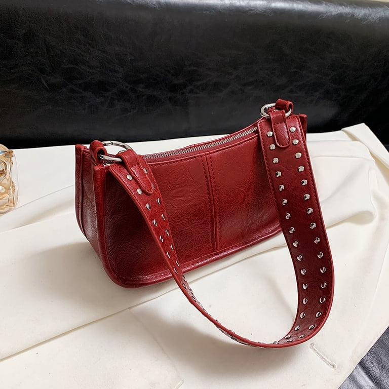 Women Retro Shoulder Bag Studded Decor PU Handbag Adjustable 