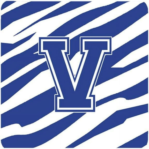 Set of 4 Monogram - Tiger Stripe Blue and White Foam Coasters Initial Letter V