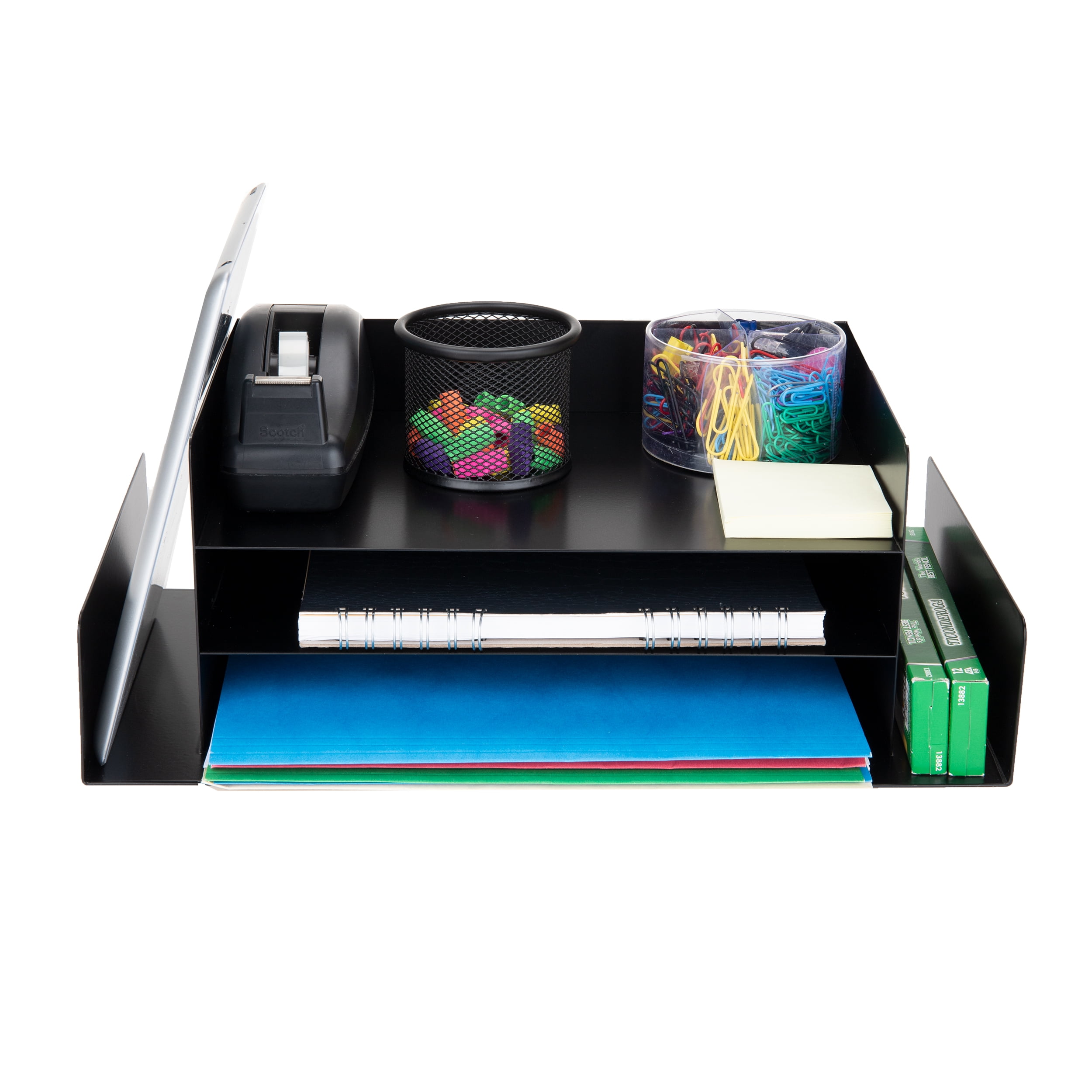 Mind Reader Metal Tiered Letter Tray Sorter Features a Side Storage, Sorter, Black
