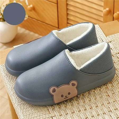 

PIKADINGNIS Winter Warm Waterproof Men Slippers Cartoon Bear Furry Non-Slip Sole Plush Home Cotton Shoes Indoor Outdoor Thick Heel Slides