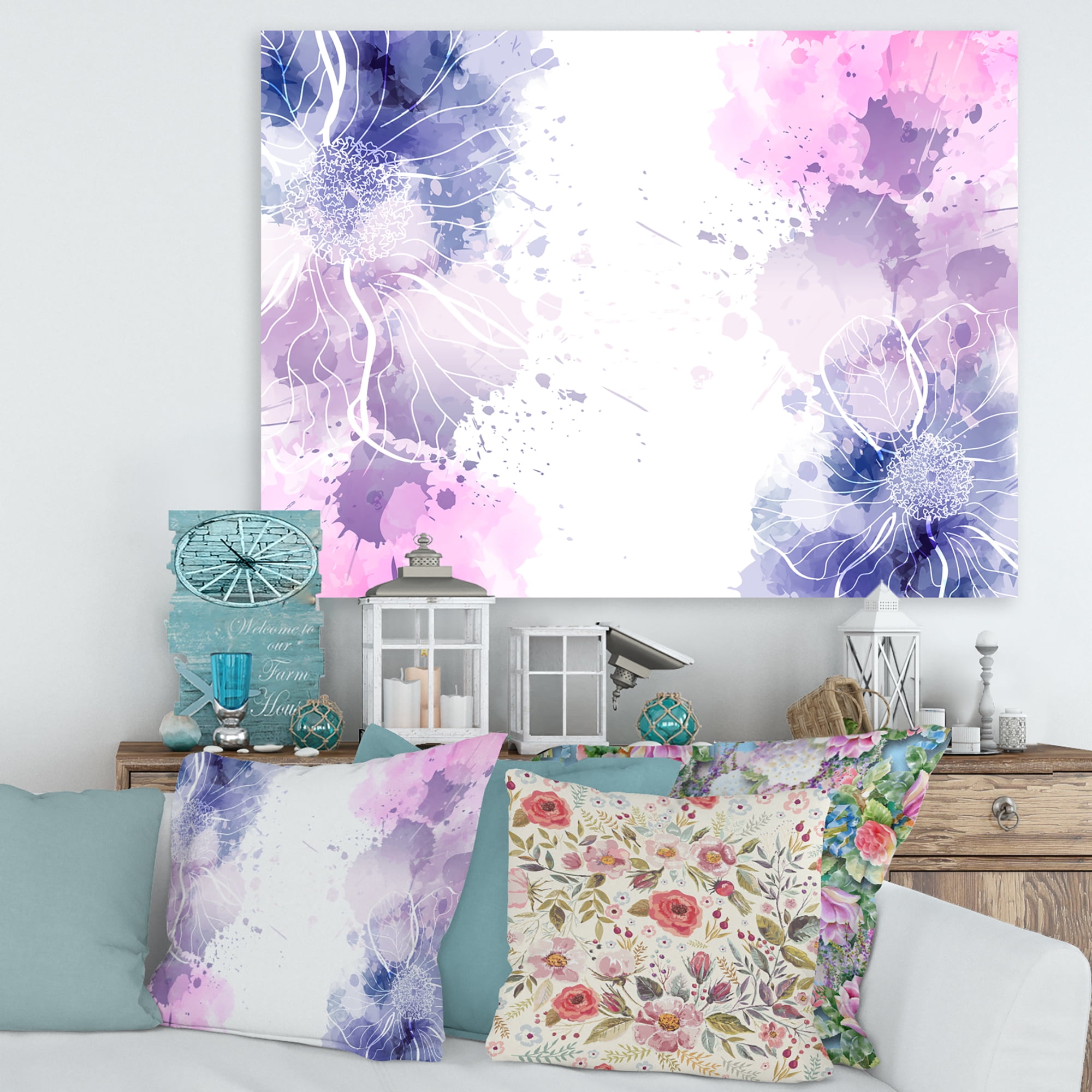 Designart ' Pink and Purple Abstract With Colorful Splashes I ' Modern Canvas Wall Art Print