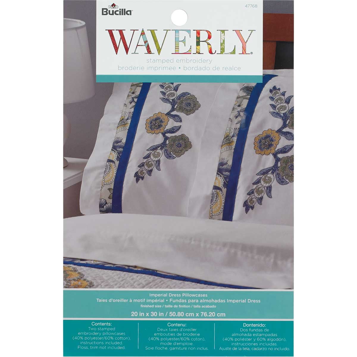 Bucilla Stamped Embroidery Kit Pillowcase Pair, 20" x 30", Imperial Dress