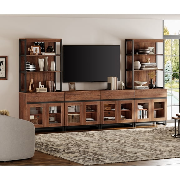 WAMPAT Modern TV Stand with 3 Tiers Bookshelf, Farmhouse Entertainment Center with 4 Drawers and Adjustable Shelf, Wooden Media TV Console with Glass Doors for Living Room, Brown