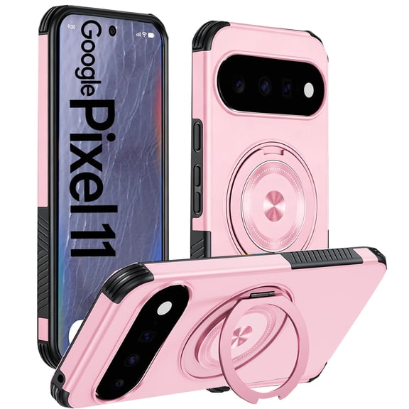 for Google Pixel 11 Magnetic Case,Rotating Metal Kicktand,Wireless Charging,Military Grade Shockproof Rugged Cover For Google Pixel 11 6.3"(Pink)