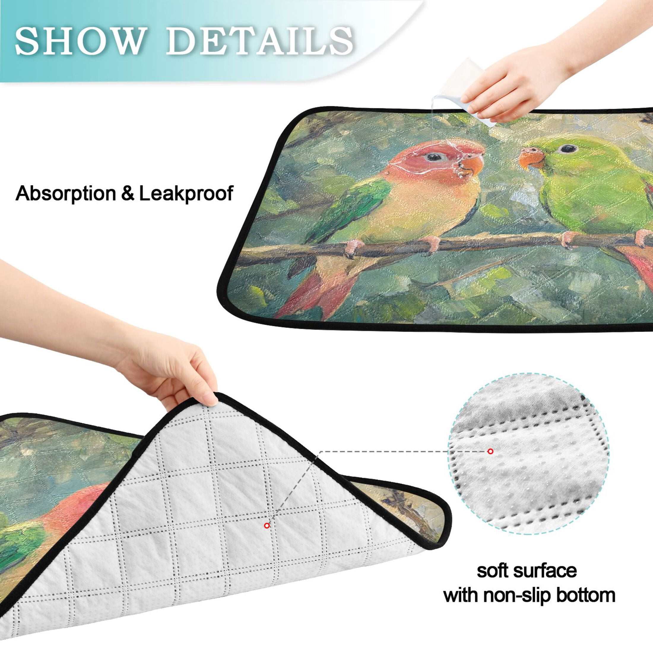 Qxltty Two Playful Parrots Cat litter Pads Pet Set of 3 Diaper Mats Center Anti-leakage Layer Absorbent Soft and Comfortable