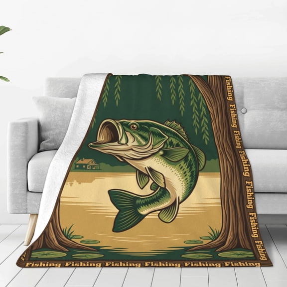 Fishing Throw Blanket, Flannel Marlin Fishing Pattern, Home Room Decor, Gift for Adults, Bedroom 50x40