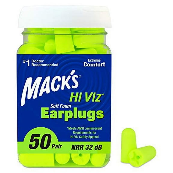Mack's Hi Viz Soft Foam Earplugs, 50 Pair - Most Visible Color, Easy Compliance Checks, 32dB High NRR - Comfortable, Safe Ear Plugs for Shop Work, Industrial Use, Motor Sports and Shoot