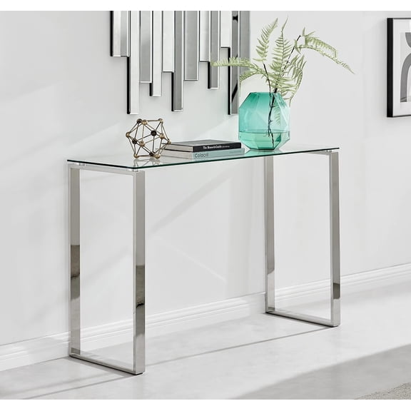 Mirrored Console Table - Miami Clear Glass Silver Console Table for Hallway, Modern Console Desk with Chrome Metal Legs, Luxury Vanity Table