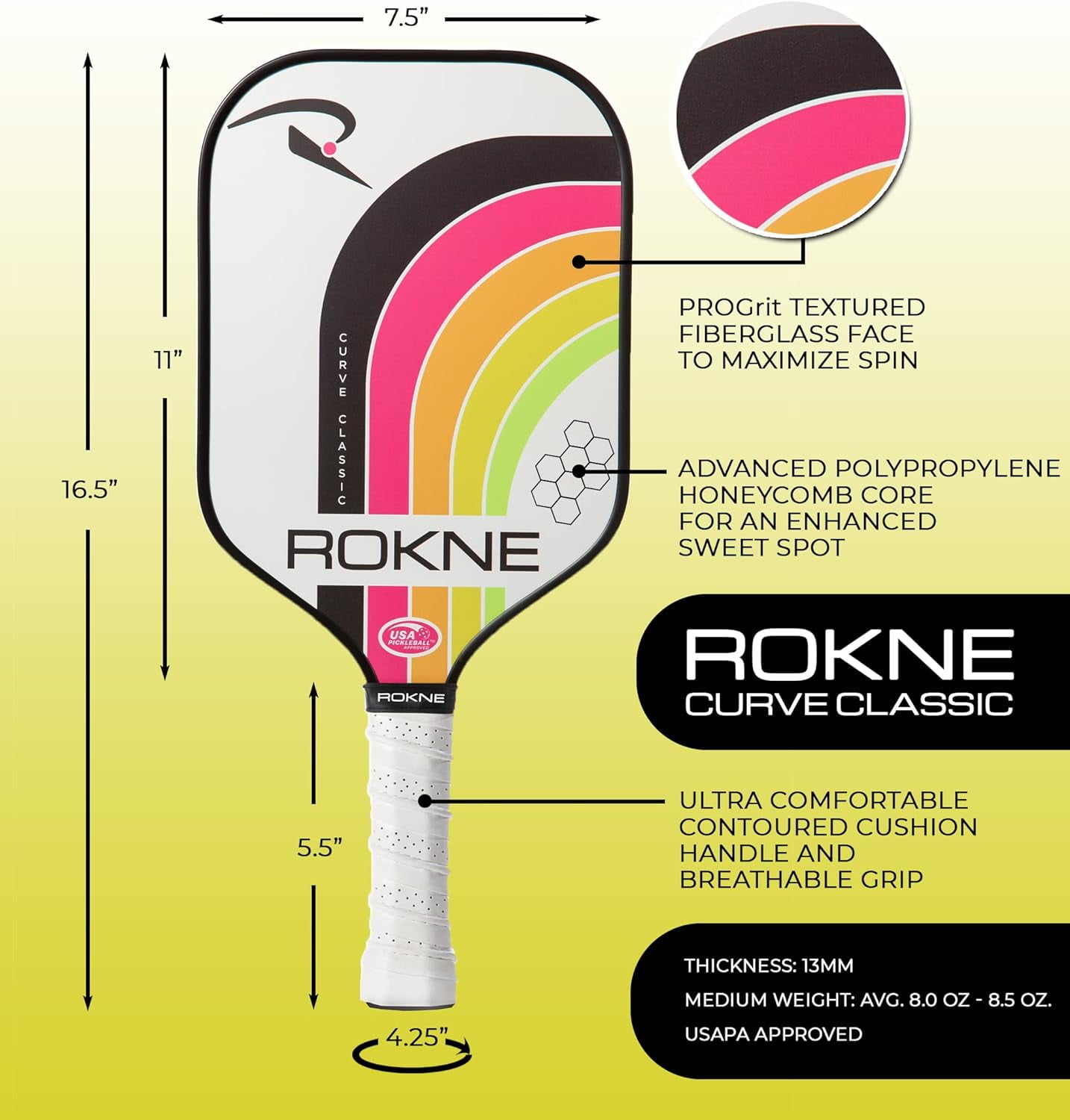 Rokne Curve Classic Fiberglass Pickleball Paddle Long Handle Racket with Pro Grit Texture, Electric Citrus