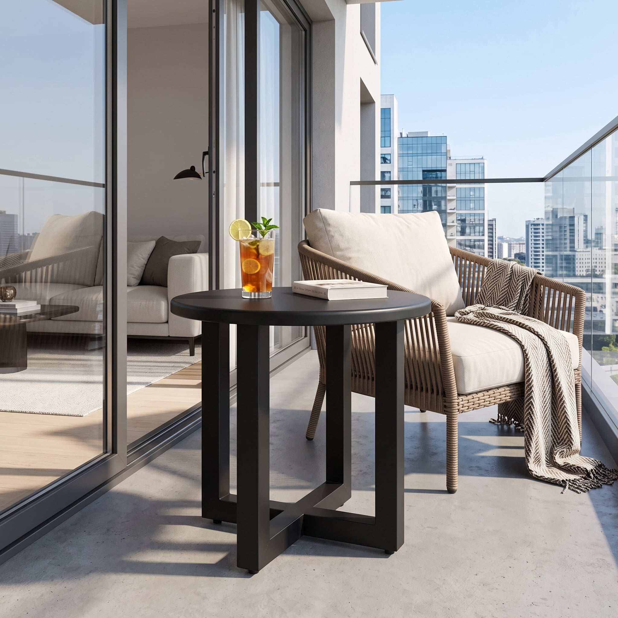 Outdoor Metal Round Table, Weather Resistant Patio End Table Side Table Coffee Bistro Table for Indoor Outdoor, Black