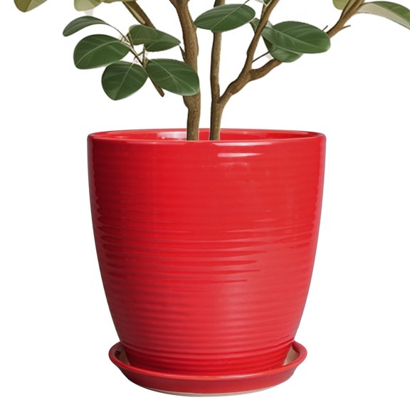 Flower Pots 10 inch, Modern Large Round Ceramic Planter with Drainage Hole, Housewarming Gift for Plant Lovers, for Indoor Trees, Glossy Red