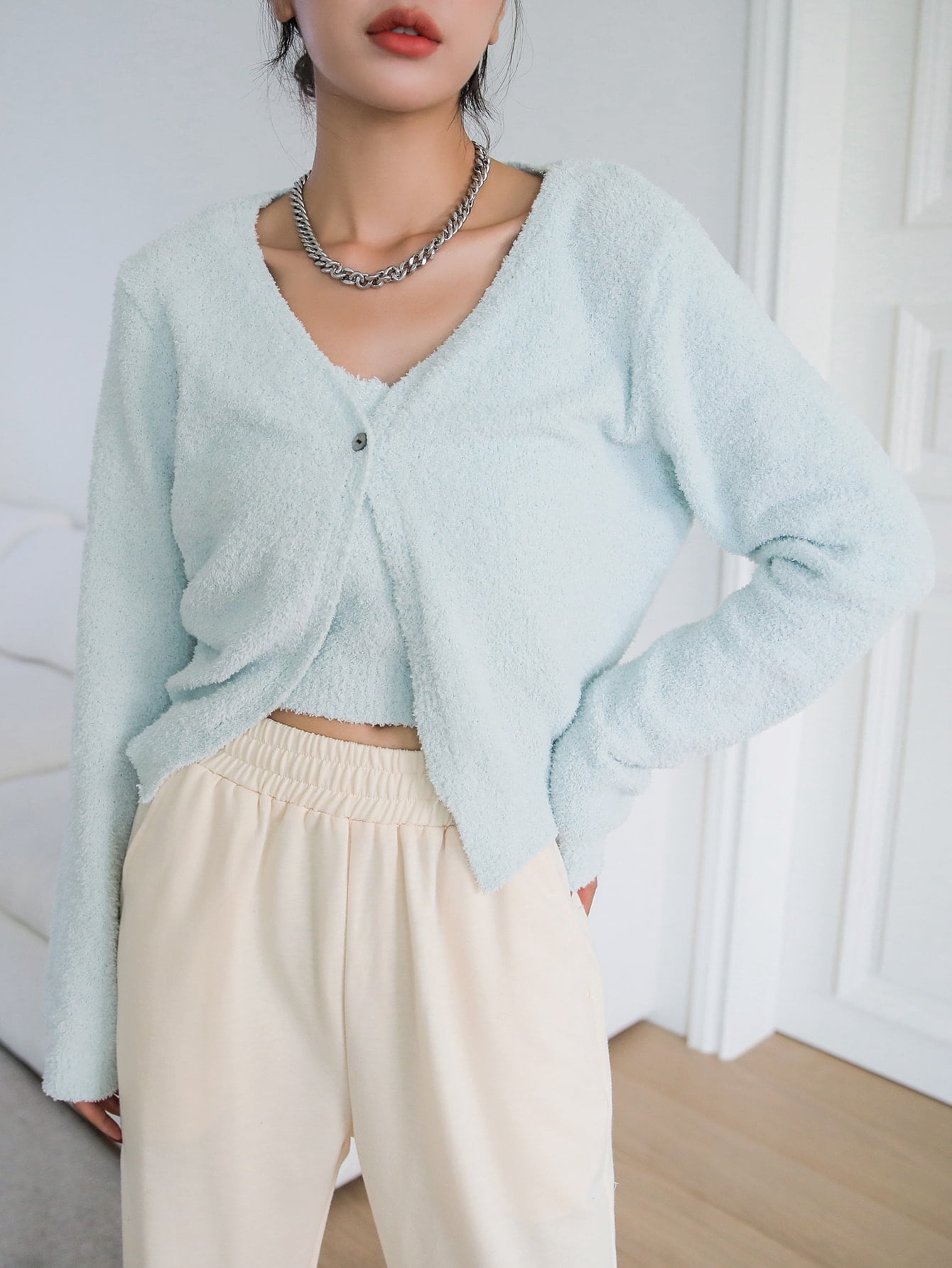 Solid Single Button Cardigan Cami Knit 