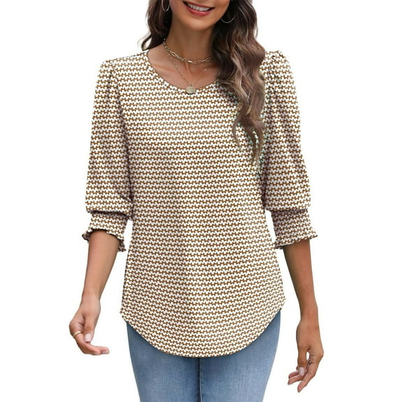 3/4 Sleeve Tops for Women Dress Casual Smocked Shirts Summer Business Work Loose Blouses Graphic Fashion Pullover, Beige, L