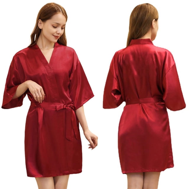 Fjuchai Women's Silk Satin Robes Silky Night-Robe Short Bathrobe Sleepwear Short Robe Solid Color Pjs S-XXL