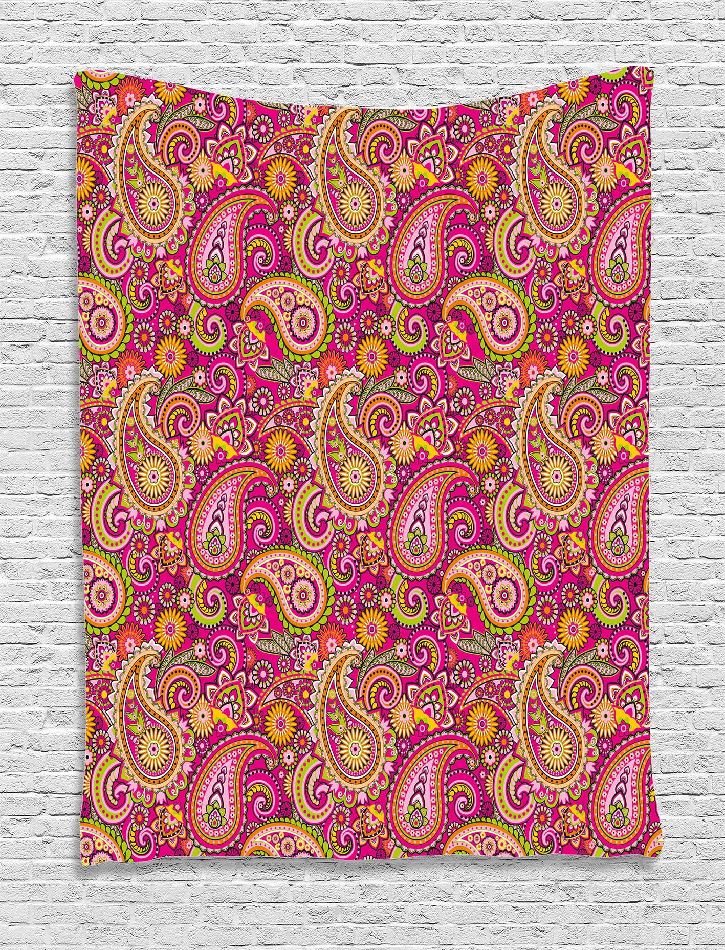 Paisley Decor Tapestry, Vivid Design with Flowers Dots Leaves and