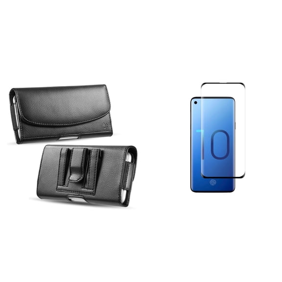 Luxmo PU Leather Belt Holster Card Slot Carry Case (Black) for Samsung Galaxy S10  Plus with Tempered Glass Screen Protector and Atom Cloth