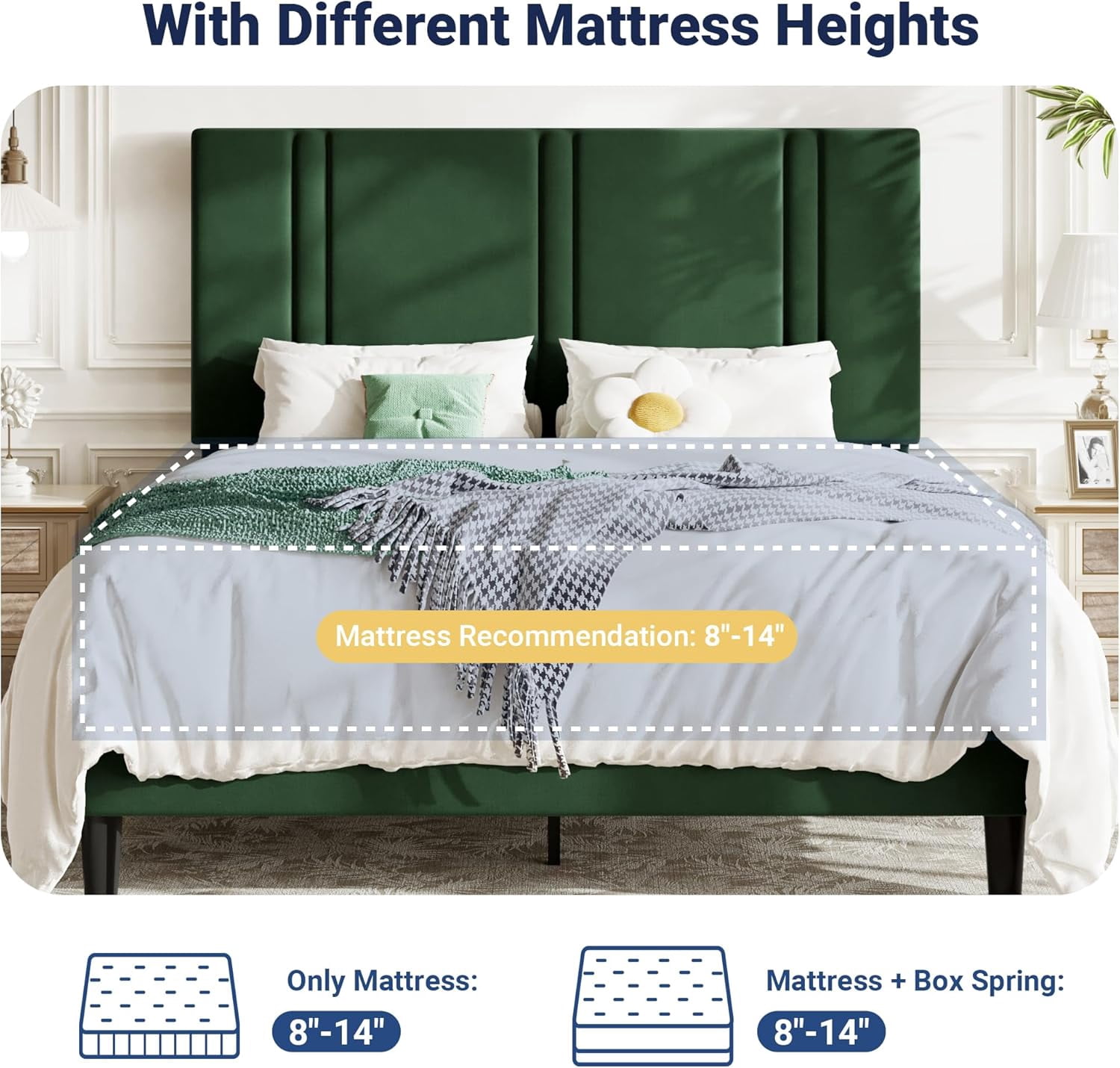 Allewie Full Platform Bed Frame with Adjustable Headboard, Plush Velvet Upholstered, Vertical Channel Tufted, Sturdy Wooden Slats, No Box Spring Needed, Easy Assembly, Green
