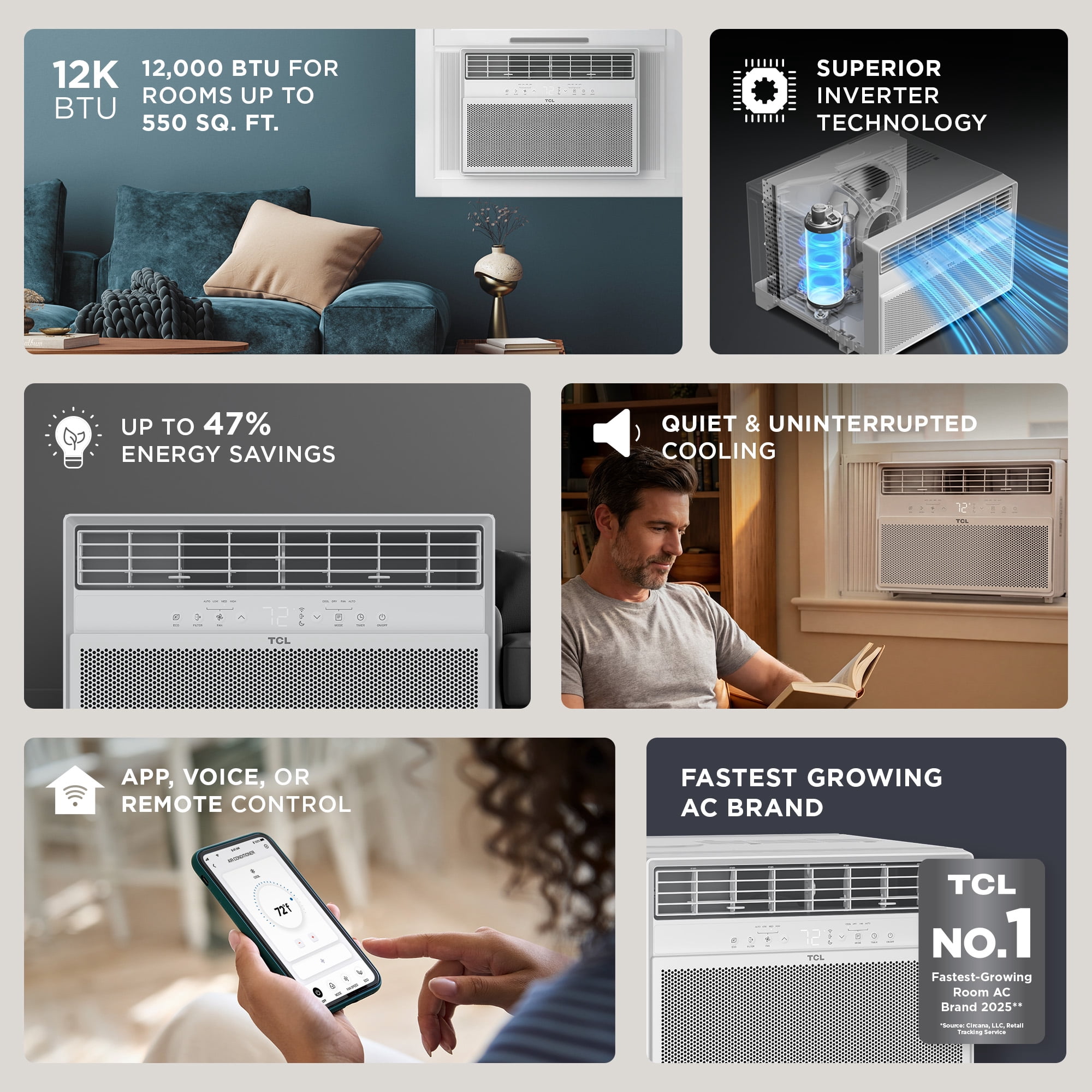 TCL 12,000 BTU Smart Inverter Window Air Conditioner (White) - 550 Sq ft with up to 47% Energy Savings, Quiet Cooling Tech, 3-in-1 Cooling, Fan & Dehumidifier, Matter Wi-Fi, Remote Control - W12WC72