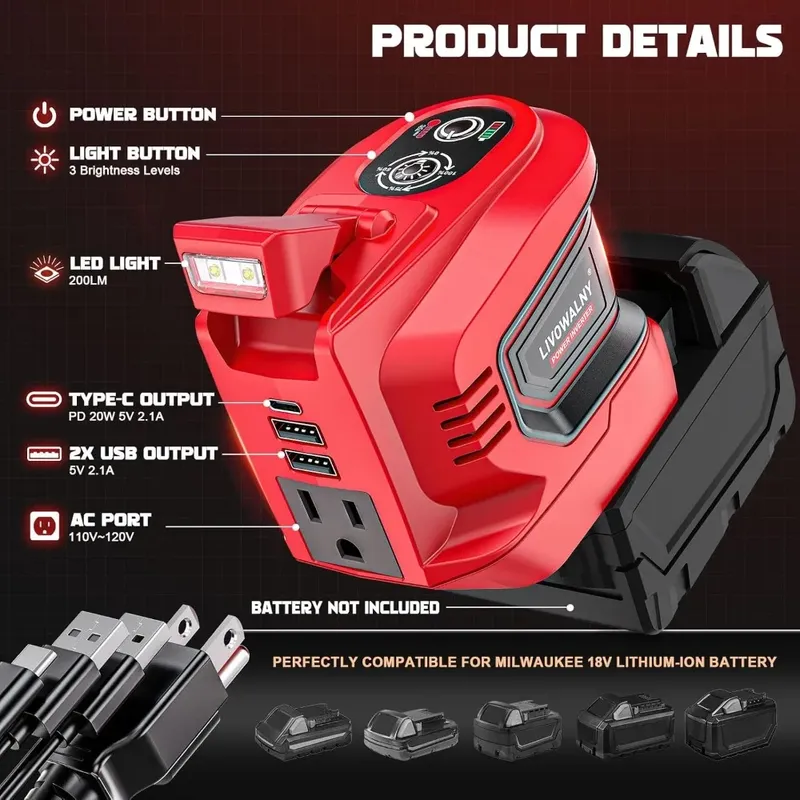 2pcs 200W Power Inverter for Mil*wau*kee 18V, DC 18V to AC 110-120V Battery Inverter, Portable Power Station Generator