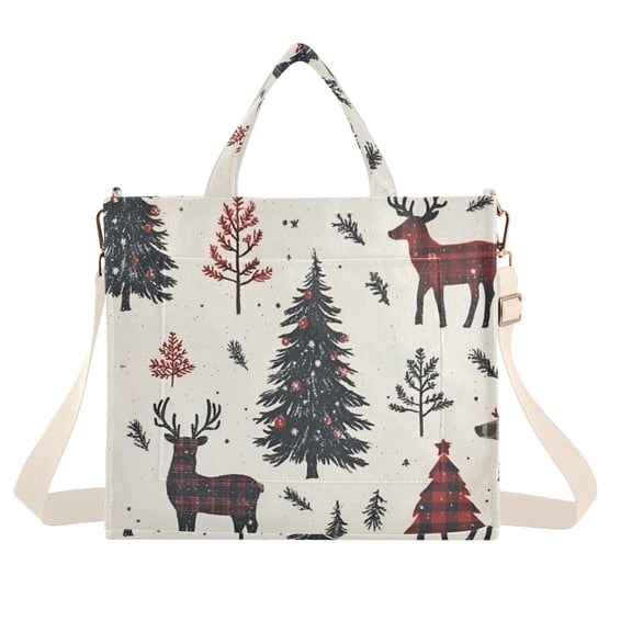 FORMRS Womens Corduroy Tote Bag Crossbody Shoulder Handbag with Pocket, Beige Christmas Forest