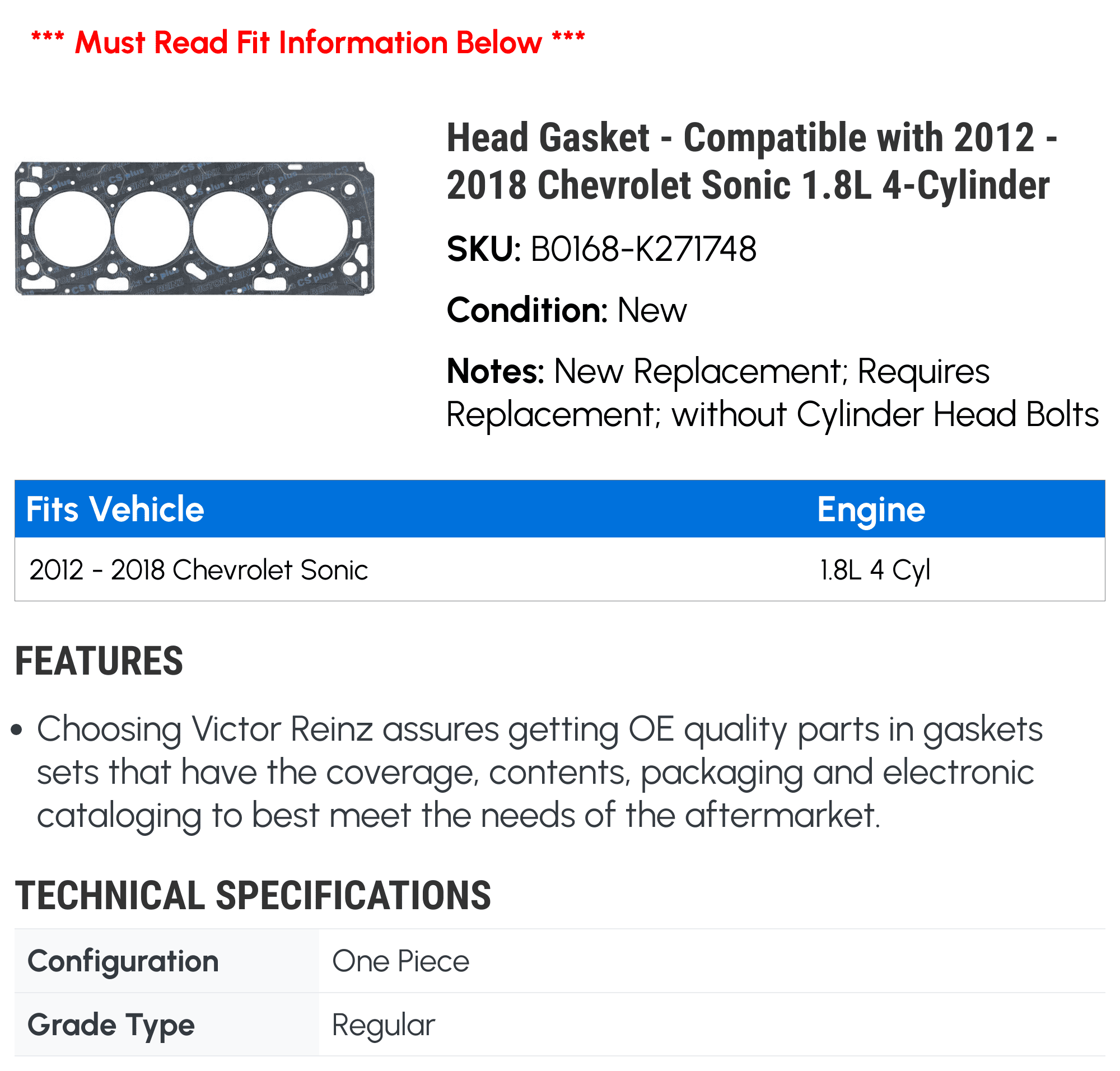 Head Gasket - Compatible with 2012 - 2018 Chevy Sonic 1.8L 4-Cylinder 2013 2014 2015 2016 2017