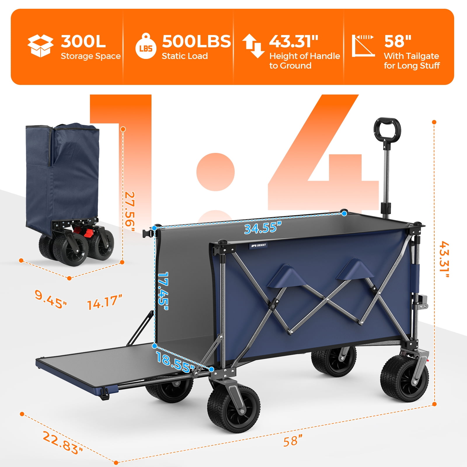 Folding Wagon with Removable Fabric 500 lbs Capacity 300L Storage 58 Long Frame All-Terrain Wheels
