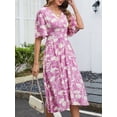 thumbnail image 3 of Women's Floral Flutter Sleeve V Neck Summer Midi Dress with Decorative Button and Ruched Bodice in 100% Polyester, 3 of 7