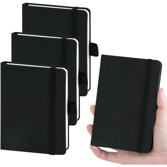 4Pcs A6 Pocket Notebook, Small Hardcover Notebook with Pen Holder, 3.7”x5.7” Mini Journal Notebook, Notebook Lined Journal Notebook Notepads 160 Pages for Office, Home (Black)