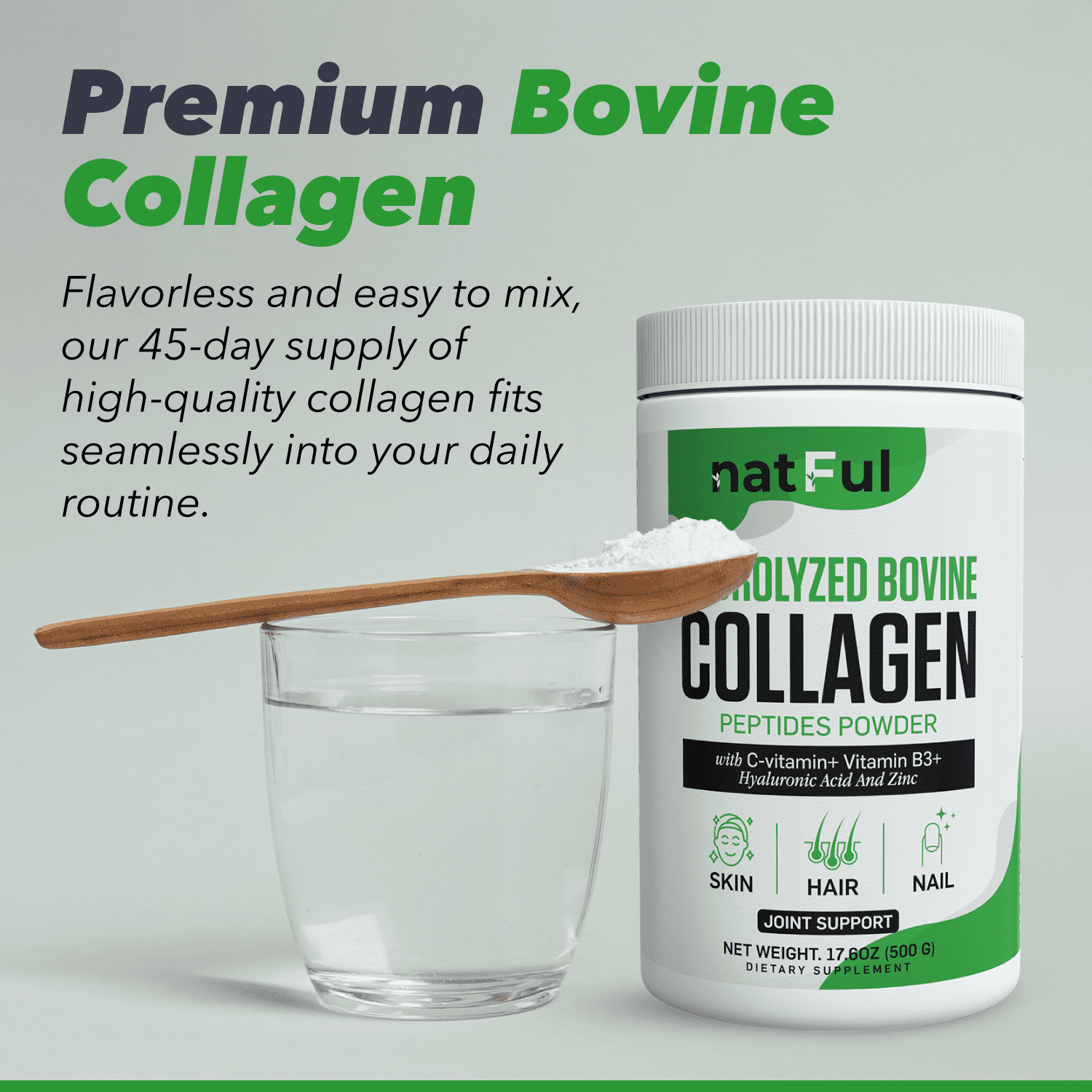 Natful Hydrolyzed Bovine Collagen Peptides Powder with Vitamin C, B3, Hyaluronic Acid, and Zinc - 45 Count