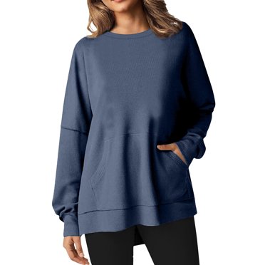 vdgthytj Chandails en Molleton à Col Rond pour Femmes Manches Longues Décontractées Automne Chandail Chemises Couleur Unie Blouses Amples avec Poches