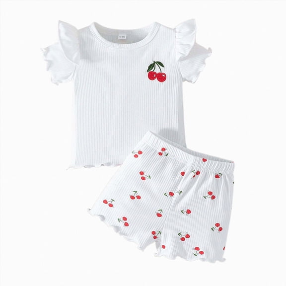 Toddler Girl Outfits Cherry Pattern Print Girls Summer Outfit Cute Short Sleeve Round Neck T Shirt Matching Elastic Shorts Sweet White 12-18 Months