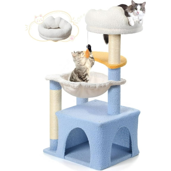 Cat Tree with Sisal Scratching Posts Cat Tower with Hammock Cute Cat Condo for Small Indoor Cats with Comfy Cat Bed and Perch