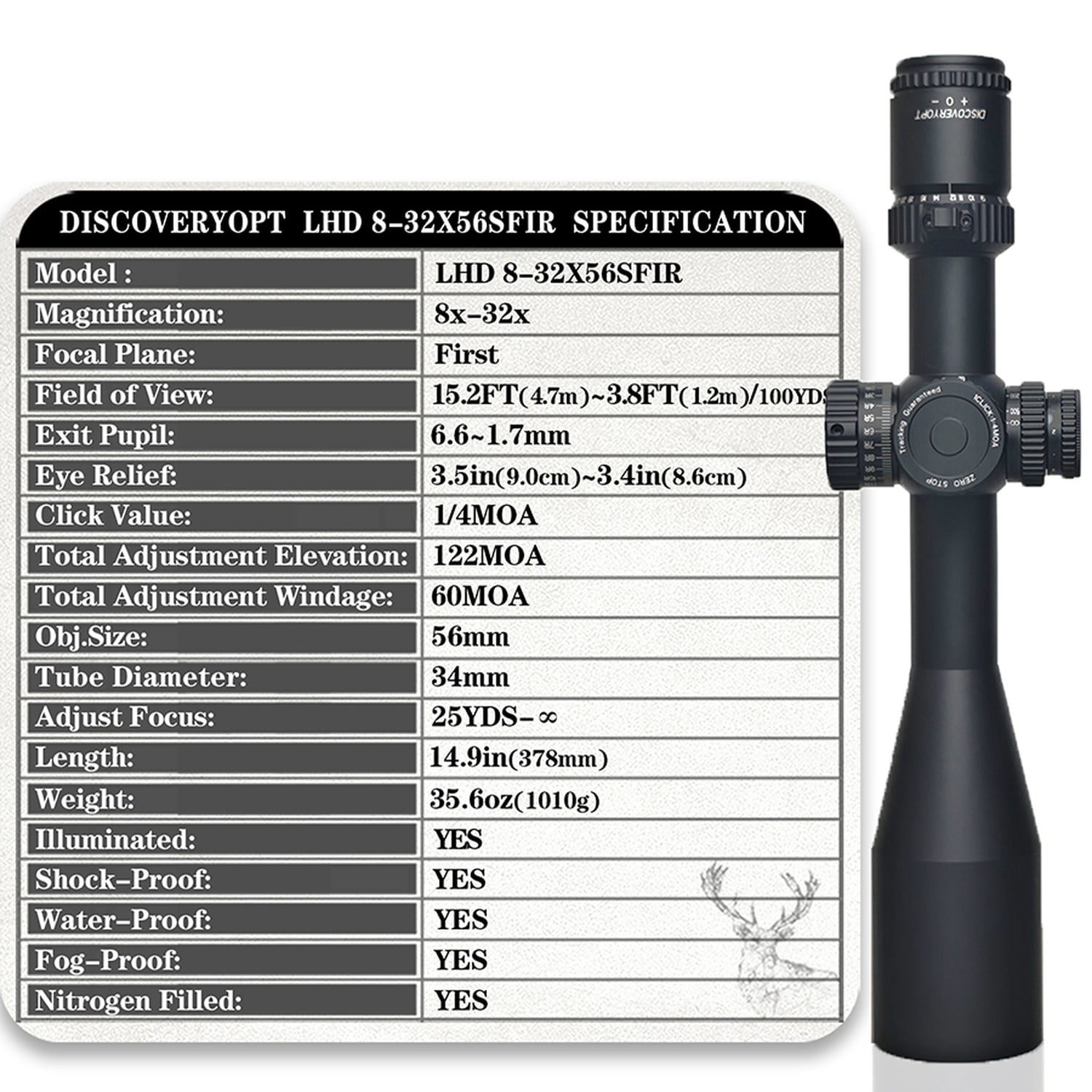 DISCOVERYOPT 8-32X56mm Riflescope 6-Levels Illuminated Reticle Zero Stop 34mm Hunting Optics Scopes