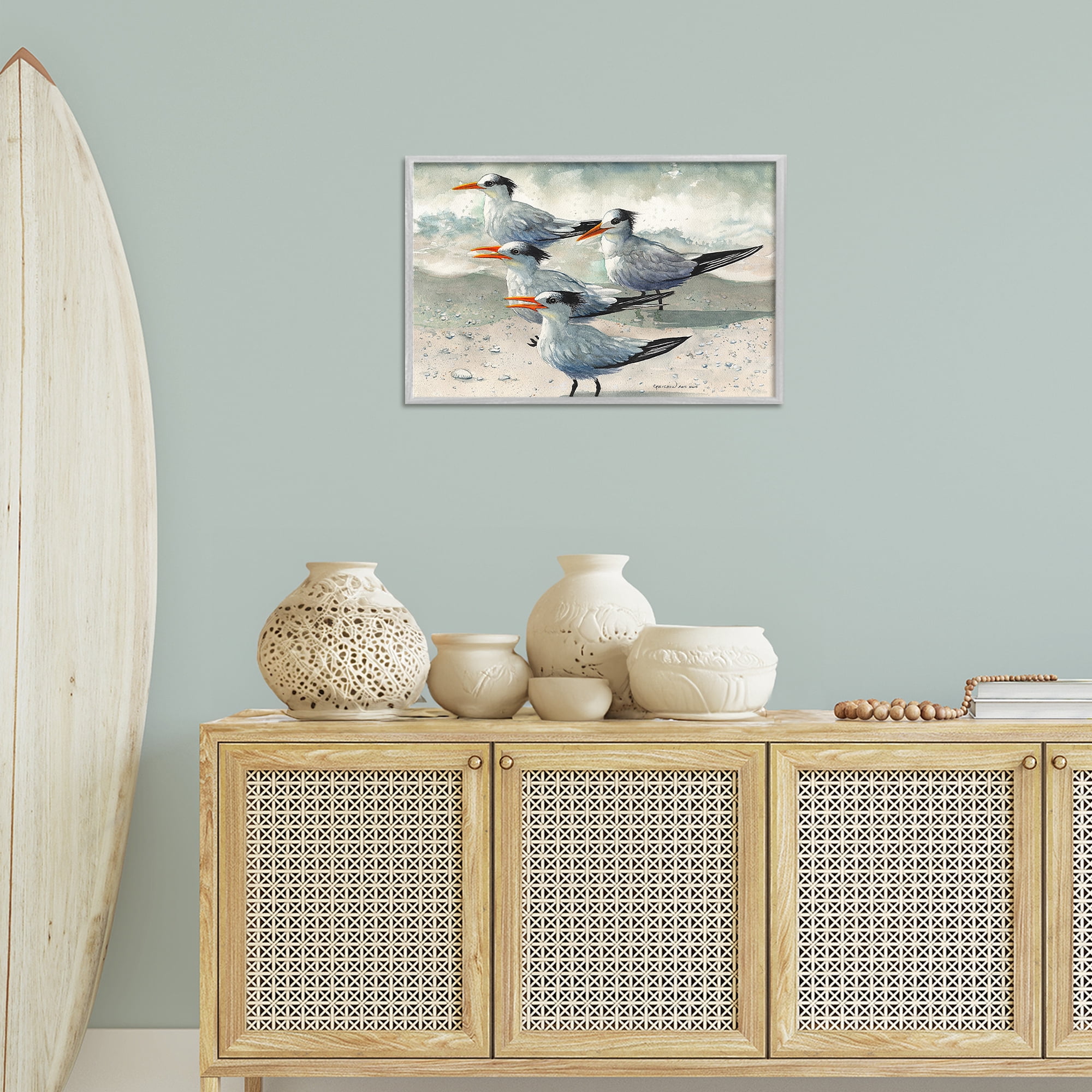 Stupell Industries Birds on Sandy Beach Animals & Insects Painting Gray Framed Art Print Wall Art, 24 x 16