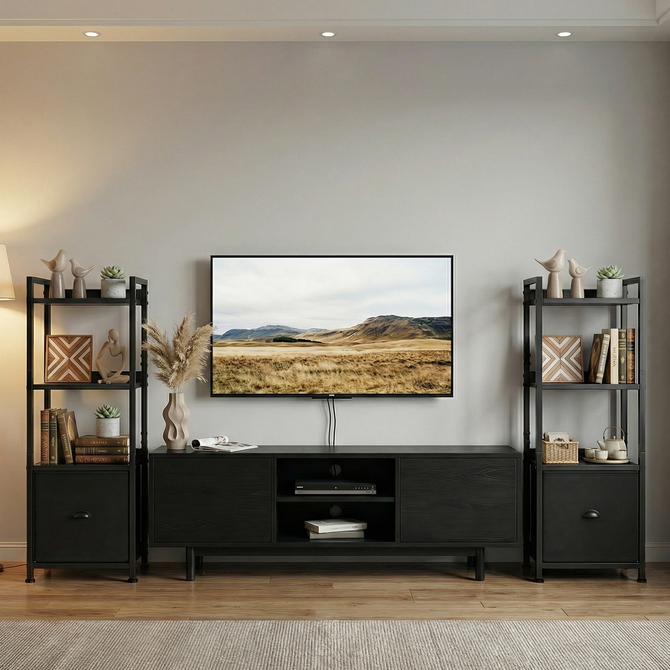 EDX 4 Tier Bookshelf with Drawer, 43''Tall Narrow Bookcase with Shelves, Industrial Display Standing Shelf Unit for Bedroom, Living Room, Black