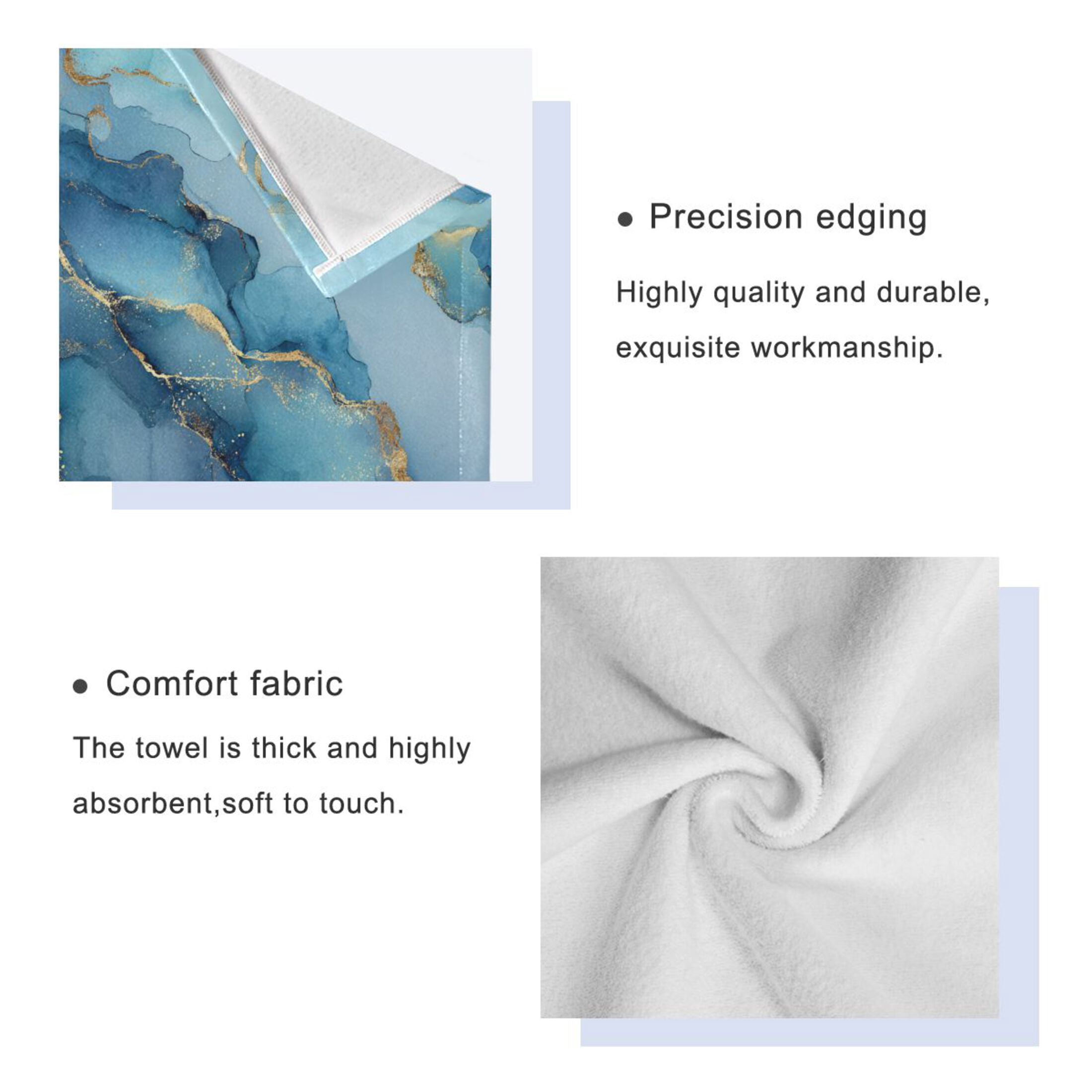 3 Sizes of Towel Sets Including Bath Towel Hand Towel and Washcloth for Daily Use Light Blue Gold Marble Pattern