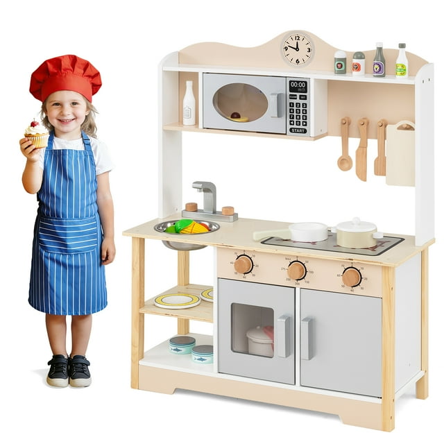Gymax Wooden Play Kitchen for Kids Cooking Toy Playset w/ Microwave Stove Dish Rack