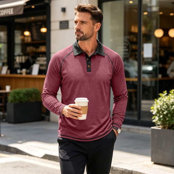 TOMVIGX Henley Shirts for Men Casual Button Down Long Sleeve Polo Shirt Fashion Outdoor Breathable Golf Shirts Lightweight Hiking Travel Moisture Wicking Crew Neck Tee Wine XL