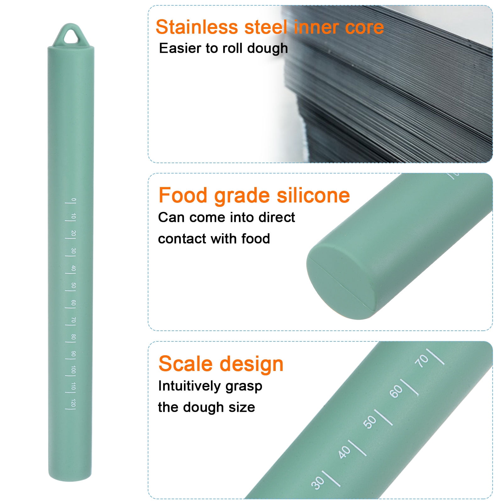 Unique Bargains Silicone Rolling Pin Smooth Stainless Steel Core Dough Roller Blue Green