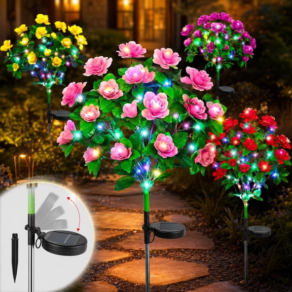 4 Pack Solar Garden Lights, Solar Azalea Flowers Lights with 56 Colorful LED Upgrade Waterproof Pathway Lights for Yard Decor Fence Patio Lawn Decor Mothers Day Gardening Gifts