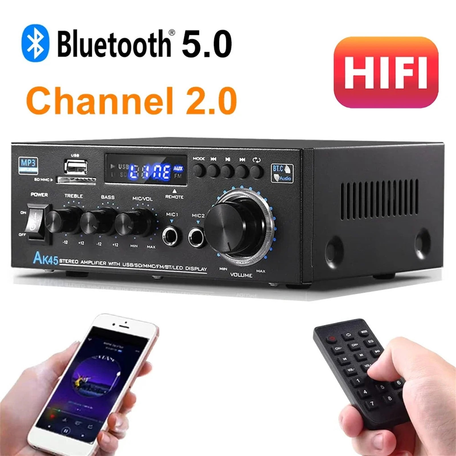 AK45 Power Amplifier HiFi Stereo Amplifier Channel 2.0 Max Power 90Wx2 AMP for Home Theater Car Amp De ,Bass & Treble Control
