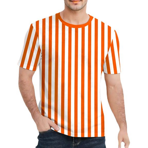 Rggeeun Mens Tee Shirts Colorful Vertical Stripes Short Sleeve Crew Neck Slim Fit Lightweight for Summer Office Wear Cool Tees,Orange,L
