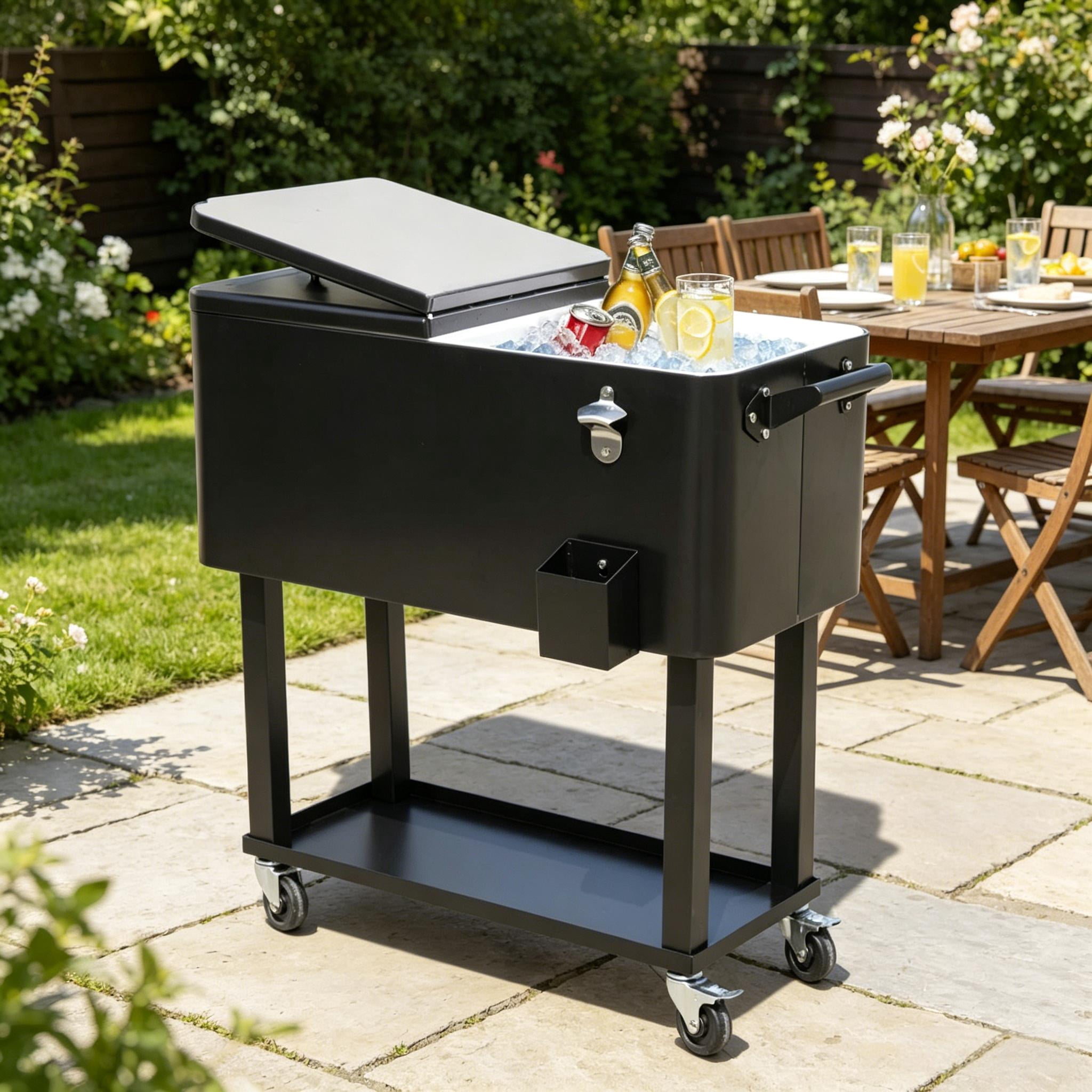 80 Quart 20 Gallon Rolling Outdoor Patio Cooler Cart, Beverage Ice Chest with Lockable Wheels, Built-in Bottle Opener & Drain Plug with Bottom Storage Shelf for Backyard Pool BBQ Party